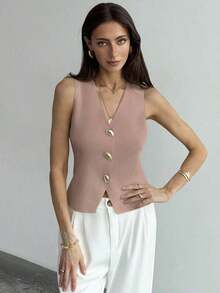 Blusa sin mangas de punto de un solo pecho con tirantes anchos, casual de verano, para otoño/invierno, verano, vacaciones, simple para ir al trabajo, con hebilla metálica única para oficina - Rosa vieja - Ver 4