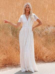 Vestido largo de gasa escote profundo elegante para otoño invierno - Blanco - Ver 2