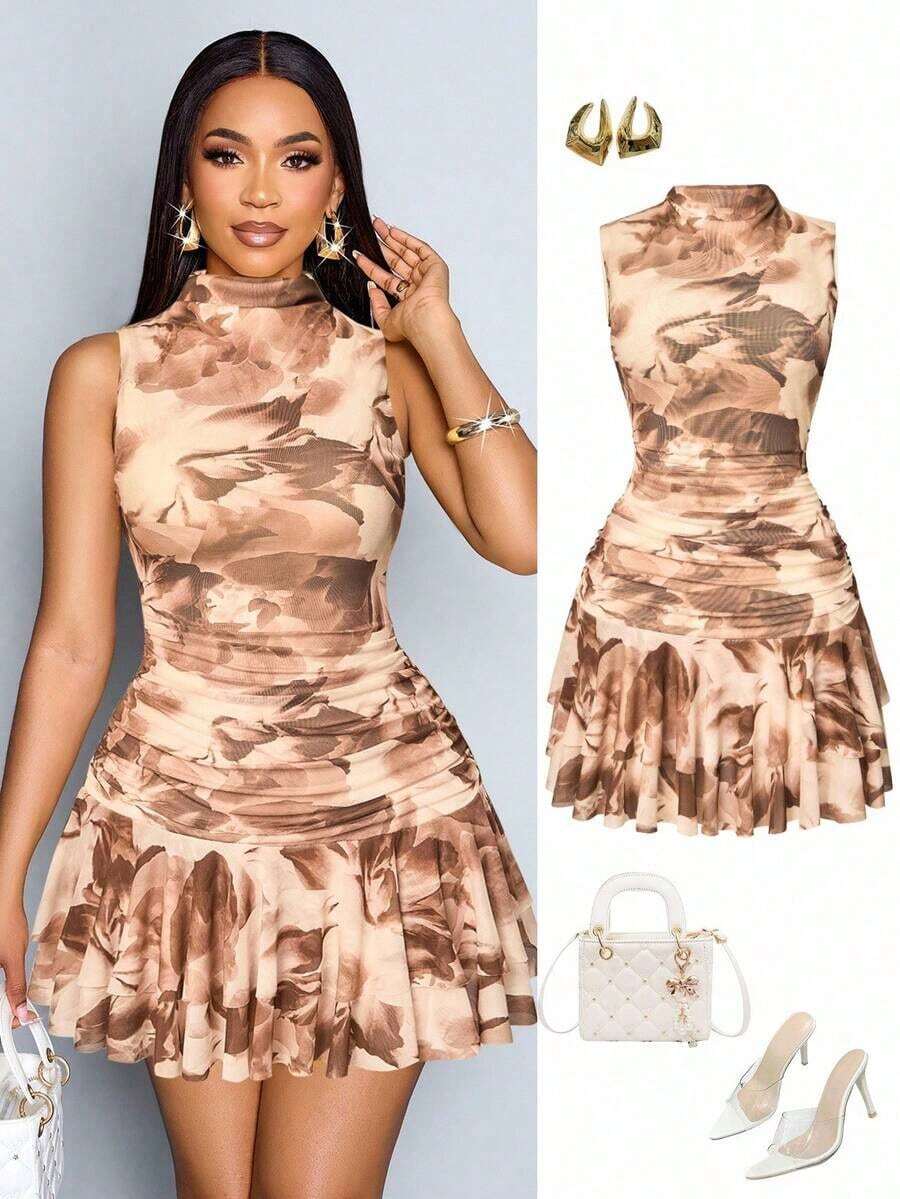 Blusas asimétricas, camisas con pliegues laterales con cordón, blusas casuales de moda de un solo hombro de unicolor - Marrón - Ver 1