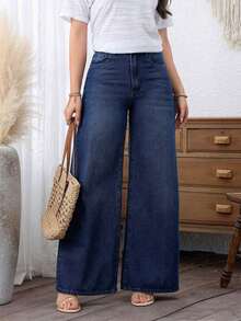 Jeans anchos casuales y versátiles para uso diario y viajes, sueltos y transpirables para mujeres - Azul lavado oscuro 2 - Ver 8