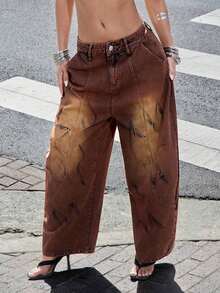 Jeans de denim lavado con piernas anchas y barril, moda urbana - Marrón - Ver 1