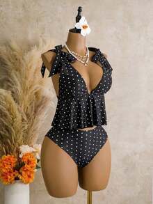 Conjunto de top halter y Bottom de bikini de tela texturizada especial para mujer, traje de baño de punto para vacaciones y playa, conjunto de traje de baño amarillo, conjunto de traje de baño amarillo tipo tankini con volantes, traje de baño ama - Negro 2 - Ver 6