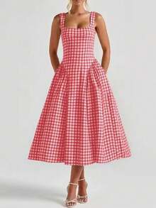 Vestido largo primavera 2026, tirantes estampado ajustado, estilo fresco y dulce - Rojo - Ver 2