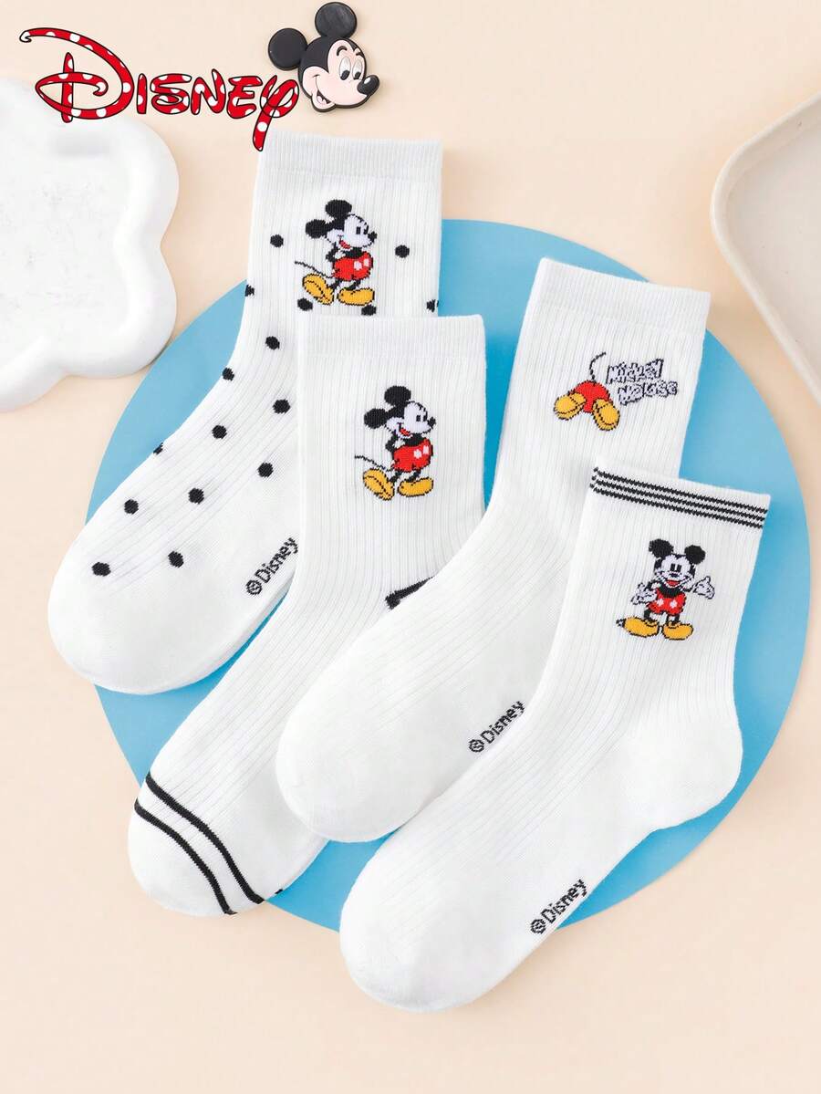 Disney 1/4/8 双装迪士尼米奇女士中筒袜 - 可爱英文字母条纹波点创意卡通图案 - 弹性好，时尚百搭，四季皆宜，成人礼物及日常穿着 - 彩色 - 查看 1