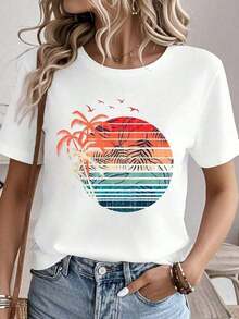 Camiseta de Verano Retro Tropical con Estampado de Flores Exóticas y Palmeras de Coco, 100% Algodón, Camisetas Gráficas para Mujer, Tops de Verano, Camiseta de Cuello Redondo, Ropa de Mujer 100% Algodón, Conjuntos de Ropa para Mujer, Ropa de Otoño para Mujer, Tops para Mujer, Camiseta Blanca. - Blanco - Ver 1