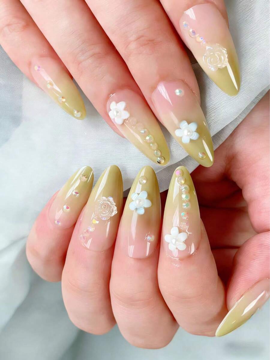24pcs Medium Almond-Shaped Nail Stickers, Minimalist Ombre Gold Design, Includes 1 Nail File And 1 Jelly Gel, Suitable For Women And Girls Nail Art, Daily Wear Nail Accessories, Summer Nails - Multicolor - View 1