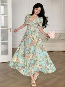Vestido de mujer de ajuste ceñido con cuello cruzado, botones de perlas y mangas abullonadas - Multicolor 2 - Ver 7
