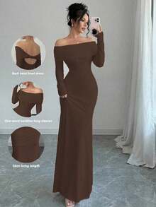 Vestido largo de punto acanalado con manga larga, cintura ceñida, hombros descubiertos, espalda descubierta, doblez de cola de pez, elegante y sexy, color blanco, para otoño/invierno, atuendo de mujer maxi - Cafetería - Ver 8