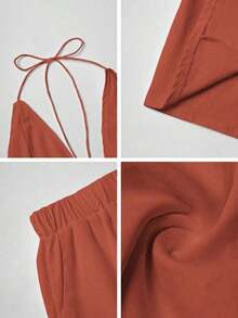 Conjunto de 2 piezas de top con escote en V y espalda descubierta con lazo, y shorts elásticos para mujer, adecuado para el hogar, la playa, citas, festivales de música, San Valentín y otras ocasiones, elegante en negro para el verano - Óxido marrón - Ver 11