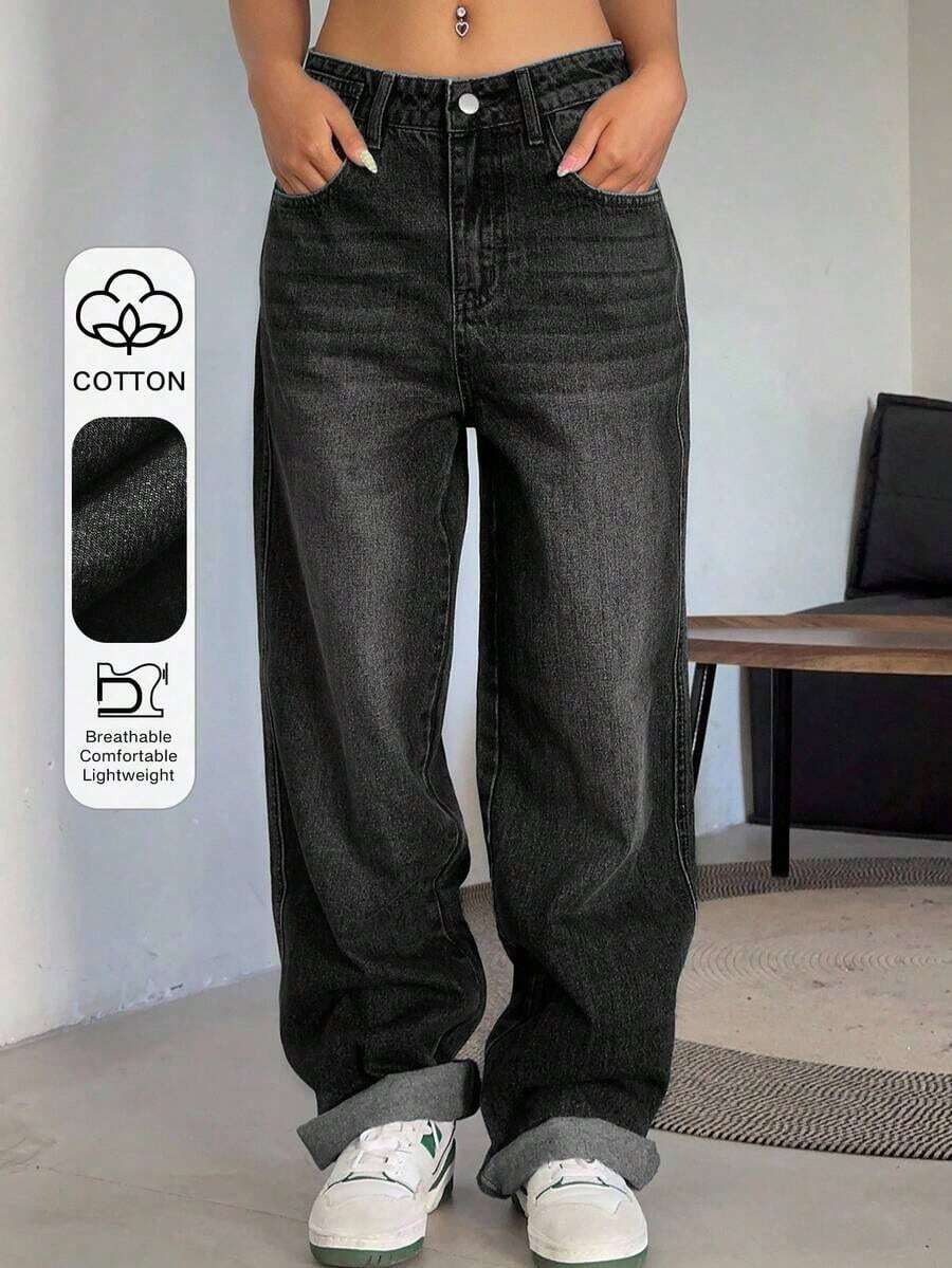 Pantalones vaqueros de pierna ancha con bolsillo en diagonal, pantalones vaqueros anchos - Negro - Ver 1