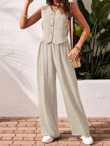 Frenchy Set de 2 piezas para mujer de top sin mangas y pantalones de estilo casual con un solo botón, para verano - Albaricoque - Ver 5