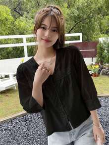 Blusa Con Botones Frontales, Manga Abullonada Y Detalle De Encaje - Negro - Ver 3