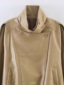Chaqueta de cuero sintético vintage de motocicleta para mujer 2026, con cuello alto, cremallera y parches, corte holgado para invierno - Caqui - Ver 10