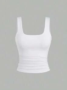 Camiseta sin mangas casual con cuello cuadrado y pliegues de unicolor para mujer - Multicolor - Ver 5