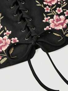 MOD Camiseta de mujer con estampado floral y cordones delanteros - Negro 2 - Ver 4