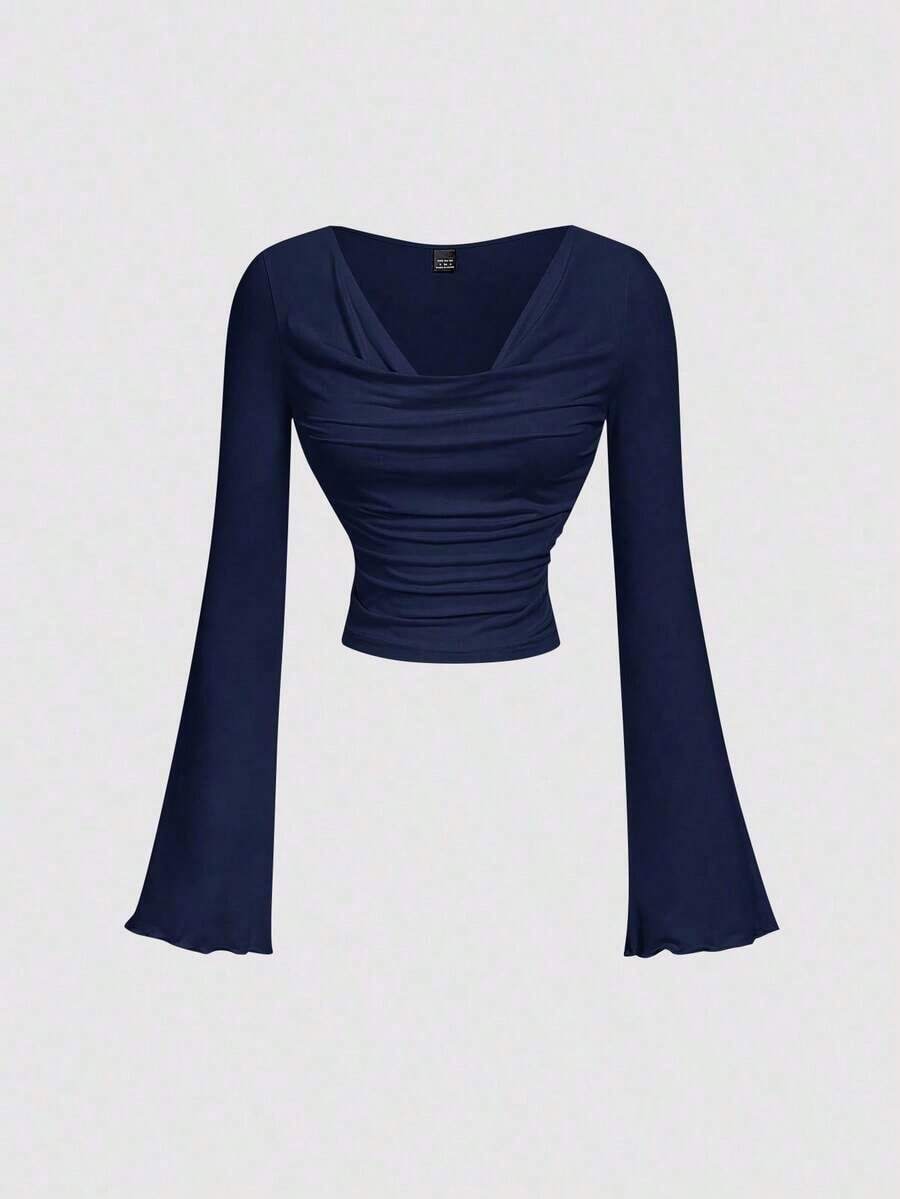 Conjunto de camiseta de manga larga ajustada con cuello de volantes, mangas acampanadas y plisadas en 3 colores - Azul marino - Ver 1