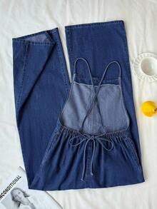 Mono vaquero de pierna ancha lavado casual para mujer - Azul lavado oscuro - Ver 2