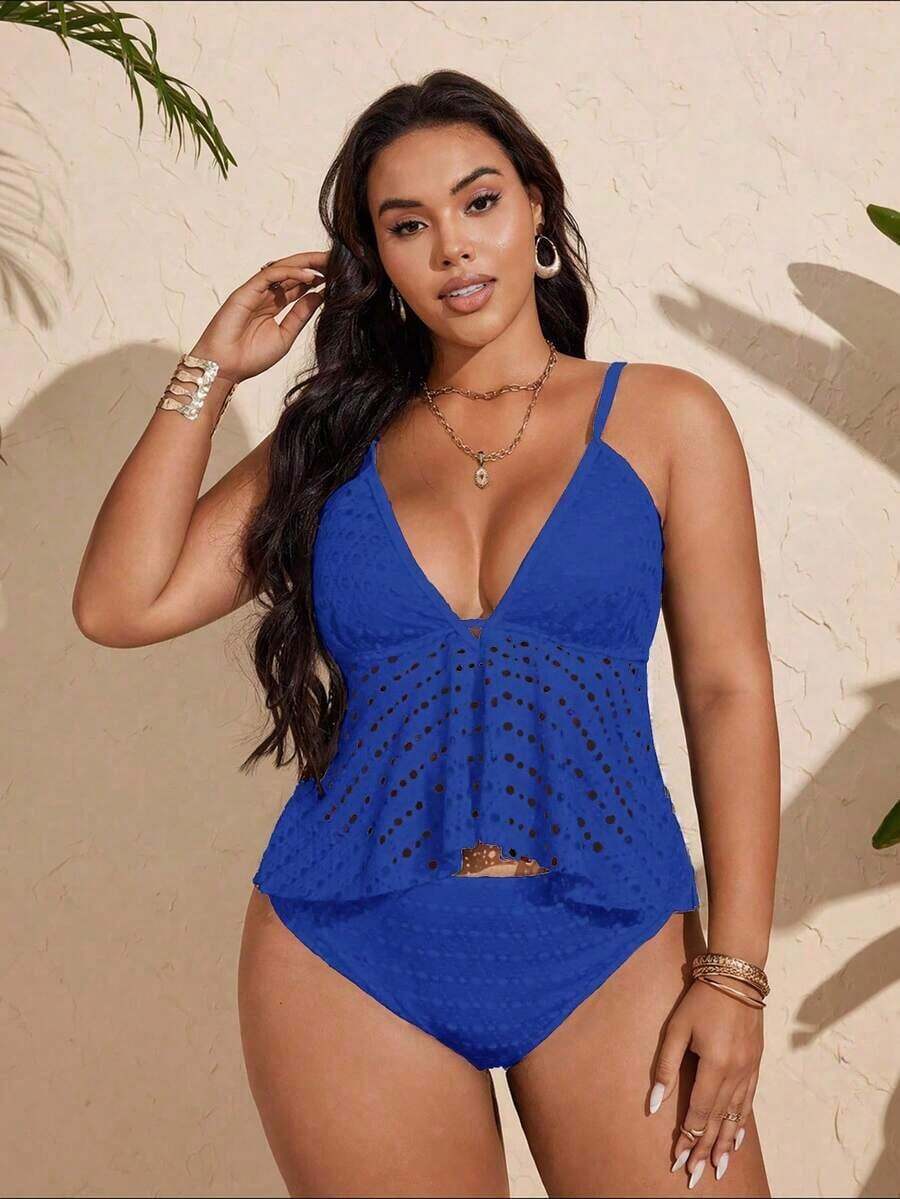 Swim Lushoire Conjunto de tankini de traje de baño de unicolor con diseño calado para mujer de talla grande - Azul - Ver 1