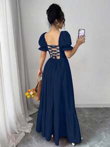 Vestido de mujer con cuello cuadrado, mangas abullonadas, nudo delantero, espalda descubierta y cintura ceñida - Azul marino - Ver 2