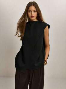 Blusa suelta con bajo asimétrico de unicolor para mujer - Negro - Ver 6