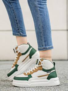 Thick Sole High-Top Sneakers, Non-Slip Wear-Resistant Lace-Up Design Versatile Casual Sports Shoes - Green - View 4