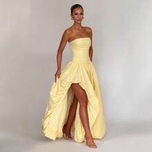 Women's Long Summer Dress, Low Neckline, Fitted With Pleated Belt And Straps, Elegant And Cool In Solid Colors, New Fashion Design - Yellow - View 3