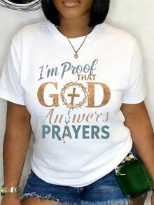 Plus Size "Proof Of Answered Prayer" Print Short Sleeve T-Shirt. This Plus Size T-Shirt Is Suitable For Summer And Spring Wear. Casual White - White - View 1