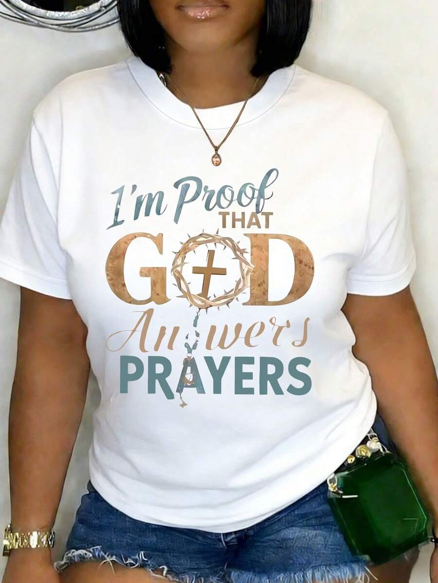 Plus Size "Proof Of Answered Prayer" Print Short Sleeve T-Shirt. This Plus Size T-Shirt Is Suitable For Summer And Spring Wear. Casual White - White - View 1