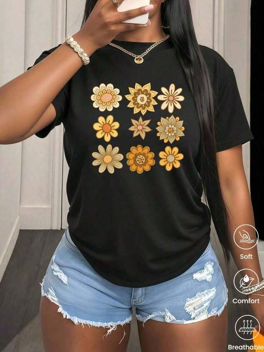 Camiseta de cuello redondo y mangas cortas de ropa fashion, fabricada enéxico, para la temporada primavera-verano 2025.Con estampado de dibujos animados, un modelo de pareja, apta para usar tanto por dentro como por fuera, para oficina y estilo casual, diseñpara hombres y mujeres, en unidad individual.blusas para mujer playeras de mujer blusas casuales para dama - Negro - Ver 1