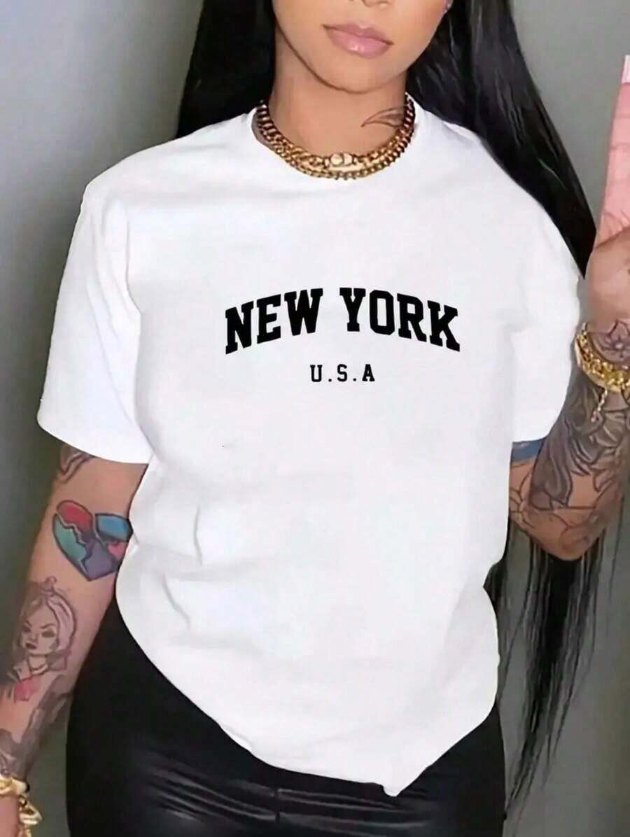 Camiseta casual para mujer, estampada con un motivo de Nueva York, transpirable y que no provoca sudoración, suave y lisa, con una sensación de calidad, adecuada para deportes y fitness, uso diario, vacaciones, oficina, escuela, fiestas y otras ocasiones diversas. - Blanco - Ver 1