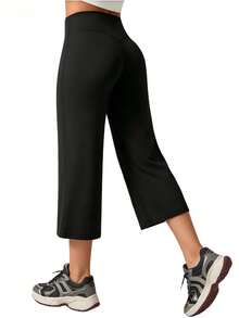1 Stück Damen Yoga Hose mit hoher Taille, lässige Sport Hose mit geradem Bein, schlanke ausgestellte 3/4 Länge Hose, Athleisure - Schwarz - Übersicht 4