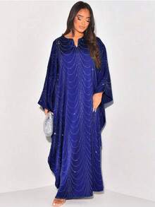Áo choàng Abaya/Cardigan dáng rộng đính đá lấp lánh thời trang Trung Đông mới nhất mùa Xuân/Hè 2025 dành cho nữ - Xanh đậm - Xem 2