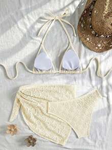 Conjunto de 3 piezas de traje de baño de bikini de unicolor y estilo sexy de halter para mujeres, conjunto de traje de baño, para vacaciones de verano en la playa - Albaricoque - Ver 2