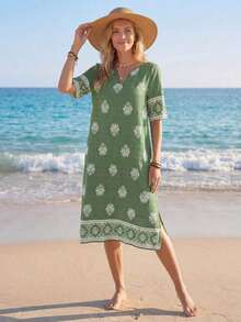 Women's Retro Print Mid-Length Casual Dress, Suitable For All Seasons, Stylish Vacation Outfits For Women, Floral Dresses, Spring Dresses For Women, Summer Outfits, Beach Outfits For Women, Casual - 鵝黃色 - 查看 5