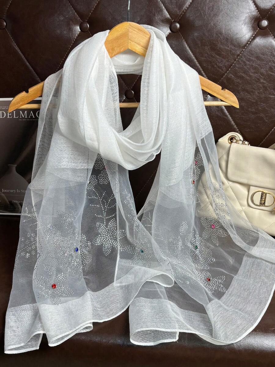 1pc Elegant Breathable Windproof Headscarf Shawl With Colorful Rhinestone Floral Pattern - White - View 1