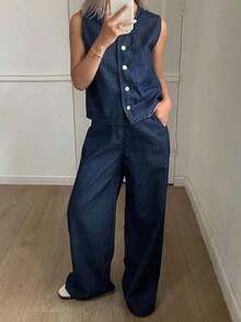 Conjunto de 2 piezas de chaleco y pantalones vaqueros casuales para mujer, minimalista y de moda para el uso diario - Azul lavado oscuro - Ver 8