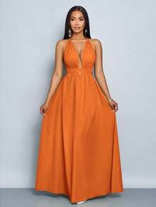 xheSOLERSUN Vestido largo de mujer de unicolor con escote halter en V, para vacaciones y playa, con espalda cruzada y anudada, para vacaciones y salidas a la playaxhe - Naranja - Ver 6