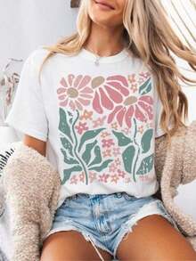 Boho Daisy Print T-Shirt, Botanical T-Shirt, Boho T-Shirt, Wildflower Print T-Shirts, Retro Floral Print T-Shirts, Gifts For Gardeners, T-Shirts - 白色 - 查看 1