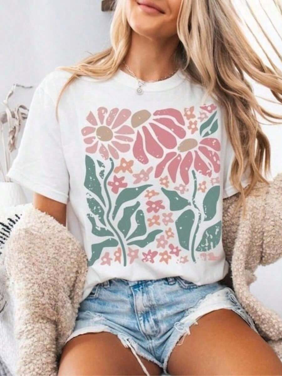 Boho Daisy Print T-Shirt, Botanical T-Shirt, Boho T-Shirt, Wildflower Print T-Shirts, Retro Floral Print T-Shirts, Gifts For Gardeners, T-Shirts - 白色 - 查看 1