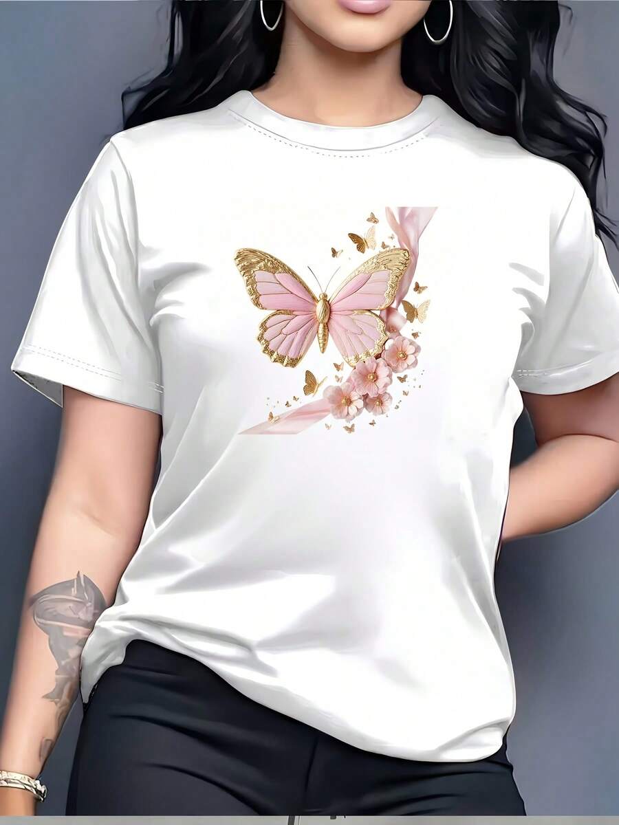 -180G Women's Butterfly Print T-Shirt - Stylish And Comfortable, The Perfect Gift For Her - Suitable For Family Gatherings, Office Wear And Special Occasions - A Must-Have Fashion Item For Summer. - White - View 1