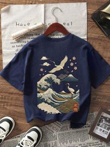 Nueva Camiseta de Verano Simple y a la Moda con Estampado de Ondas y Grúas Japonesas, Cuello Redondo, Manga Corta, Azul Marino, Blusa Versátil y Elegante para Mujer - Azul Marino - Ver 2