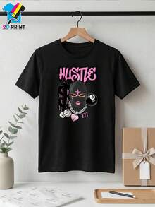 Camiseta manga corta cuello redondo 100% algodón, estampado trendy, tejido ligero y ventilado, estilo moda casual, apta para vida diaria, salidas informales y citas en primavera, verano y otoño - Negro - Ver 2