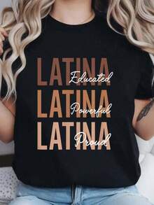 100% algodón, Orgullosa Latina, Poderosa Latina, Latina Power, Camiseta Latina, Camiseta de Cuello Redondo Estampada para Verano, Top Suave de Manga Corta para Mujer, Camiseta Elegante y Cómoda para Mujer, Camisetas con Estampados - Negro - Ver 6