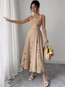 Vestido de línea A con estampado de patchwork en la cintura para mujer, elegante para vacaciones, viajes y uso diario, sin mangas - Caqui - Ver 1