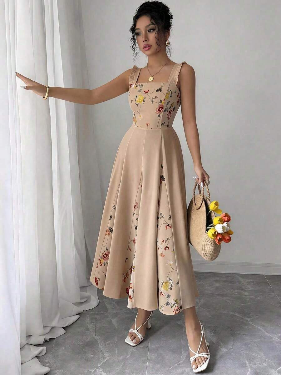 Vestido de línea A con estampado de patchwork en la cintura para mujer, elegante para vacaciones, viajes y uso diario, sin mangas - Caqui - Ver 1
