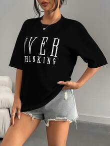 Camiseta Vintage con Estampado de Letras y Cuello Redondo, Top Casual de Manga Corta, Camiseta de Algodón, Ropa Casual - Negro - Ver 8