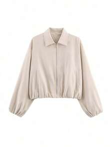 Chaqueta con bolsillo con cremallera de lunares rosas para mujer - Abrigo casual suelto con solapa para primavera/otoño - Beis - Ver 7