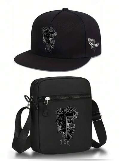 1pc/2pcs Jesus Cross Print Baseball Cap And Crossbody Bag Set, Streetwear Fashion Outdoor Sports Adjustable Flat Brim Cap And Shoulder Bag, Suitable For Daily Wear Or Gift