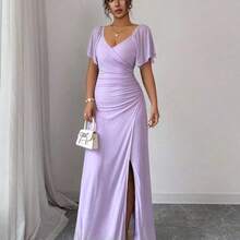 Elenzya Women's Light Purple V-Neck Ruffle Sleeve Pleated Waist Split Dress, Elegant Bridesmaid Dress, Party Gown, Spring/Summer - Azul - Ver 5