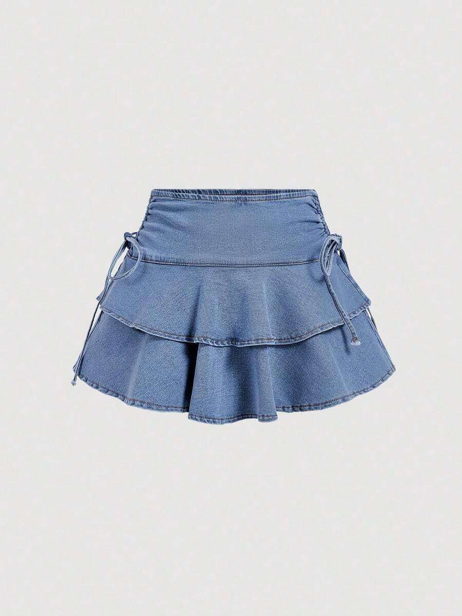MOD Falda de mezclilla de moda para mujer con cintura anudada a los lados y dobladillo con doble volante - Azul 2 - Ver 1